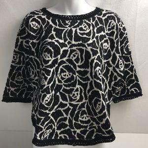 MOTH Black White Rose Print Knit Sweater Top 3/4 Sleeve Women's Medium